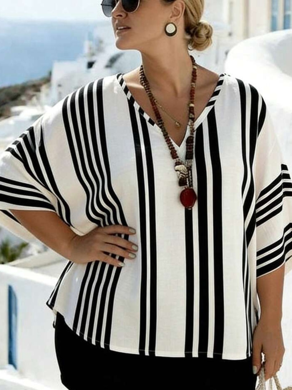 Black & White Vertical Stripe V-Neck Womens Shirt